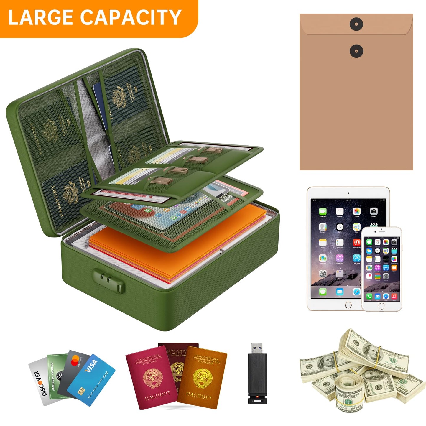 DocSafe 5200°F Document Organizer with Lock,Upgraded Heat Insulated Fireproof＆Waterproof Box 8 Layers File Organizer,Portable Home Travel Safe Storage for Important Documents, Files,Green (Soft)