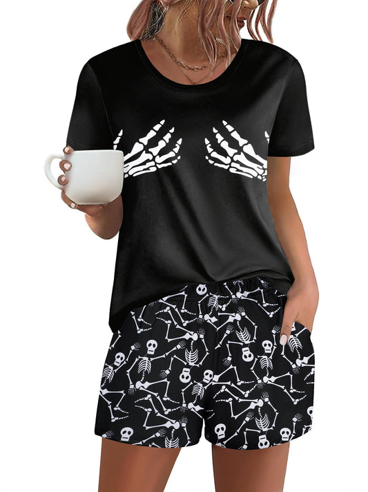 Ekouaer Women's Pajama Sets Short Sleeve Pjs 2 Piece Top and Shorts Sleepwear Comfy Soft Lounge Sets with Pockets Halloween Skeleton Print Small