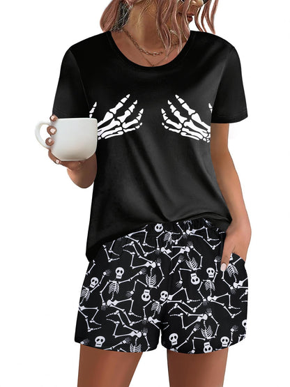 Ekouaer Women's Pajama Sets Short Sleeve Pjs 2 Piece Top and Shorts Sleepwear Comfy Soft Lounge Sets with Pockets Halloween Skeleton Print Large