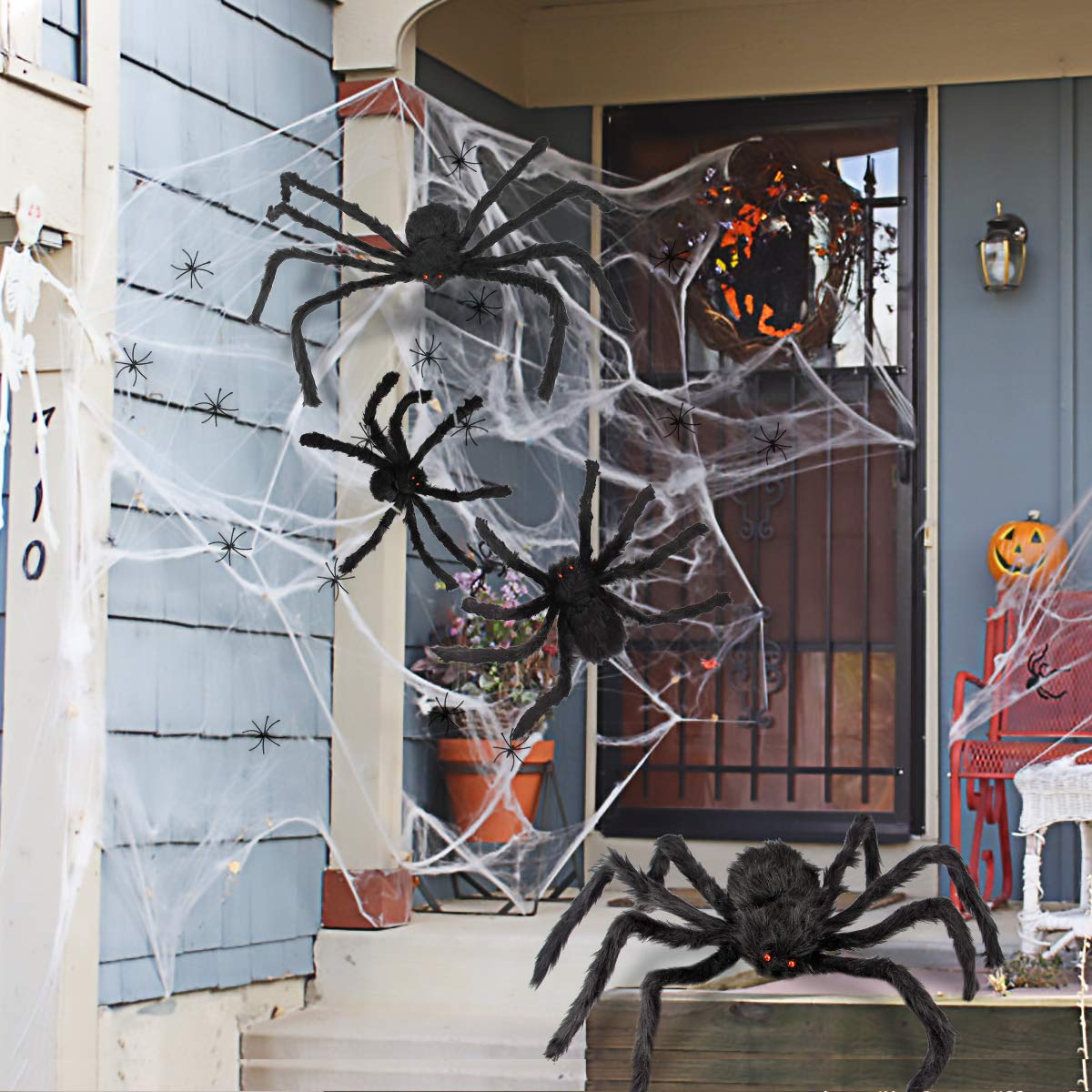 Halloween Spider Decorations, Aitey Halloween Scary Giant Spider Set with 4 Large Fake Spider, Spider Web, 20 Small Plastic Spiders, Cobwebs for Window Wall and Yard Outdoor Halloween Decor