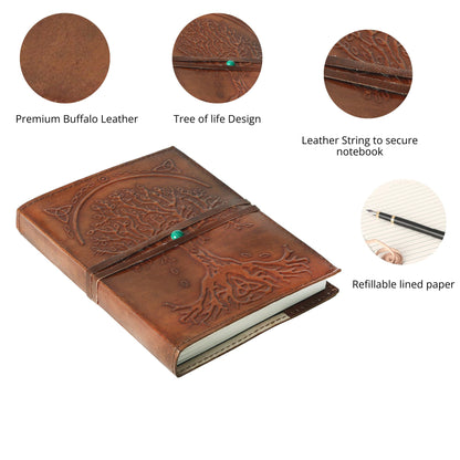 Leather Journal in Brown 8x6 Refillable Lined Paper Tree of Life Handmade writing Notebook Diary Leather Bound Daily Notepad for women and men Writing pad for Artist Sketch