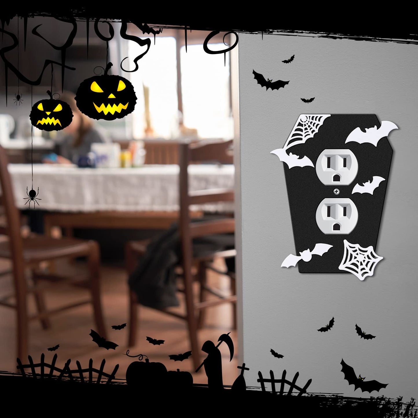 Peryiter 3 Pieces Gothic Coffin Light Switch Cover Wall Plate Gothic Halloween Decor Switch Cover Coffin Outlet Light Goth Bat Wall Plate Outlet Accessory for Bedroom Home Office(Elegant Style)