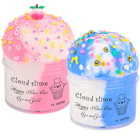 2 Pack Cloud Slime Kit with Blue Cake and Pink Charms, Scented DIY Slime Supplies for Girls and Boys, Stress Relief Toy for Kids Education, Party Favor, Gift and Birthday