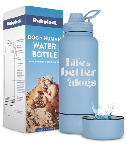 Dog Water Bottle for Dog Lovers - 32 oz Stainless Steel Double Wall Insulated Water Bottle with 8 oz Detachable Bowl - Doggy Lover Gift for Hiking, Walking, Travel - “Life is Better” - Dusty Blue