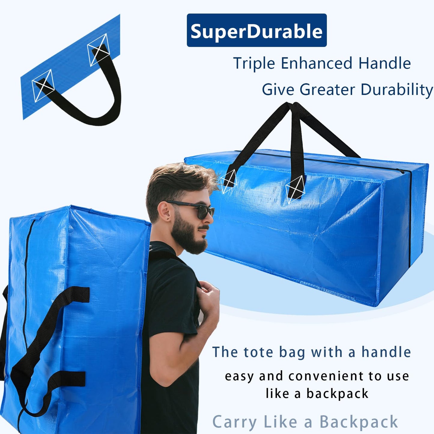 4 Pack Heavy Duty Extra Large Moving Bags Storage Tote - Strong Handles& Backpack Straps - Space Saving Storage Bags Alternative to Moving Boxes and Bins,Compatible with Ikea Frakta Cart, Blue