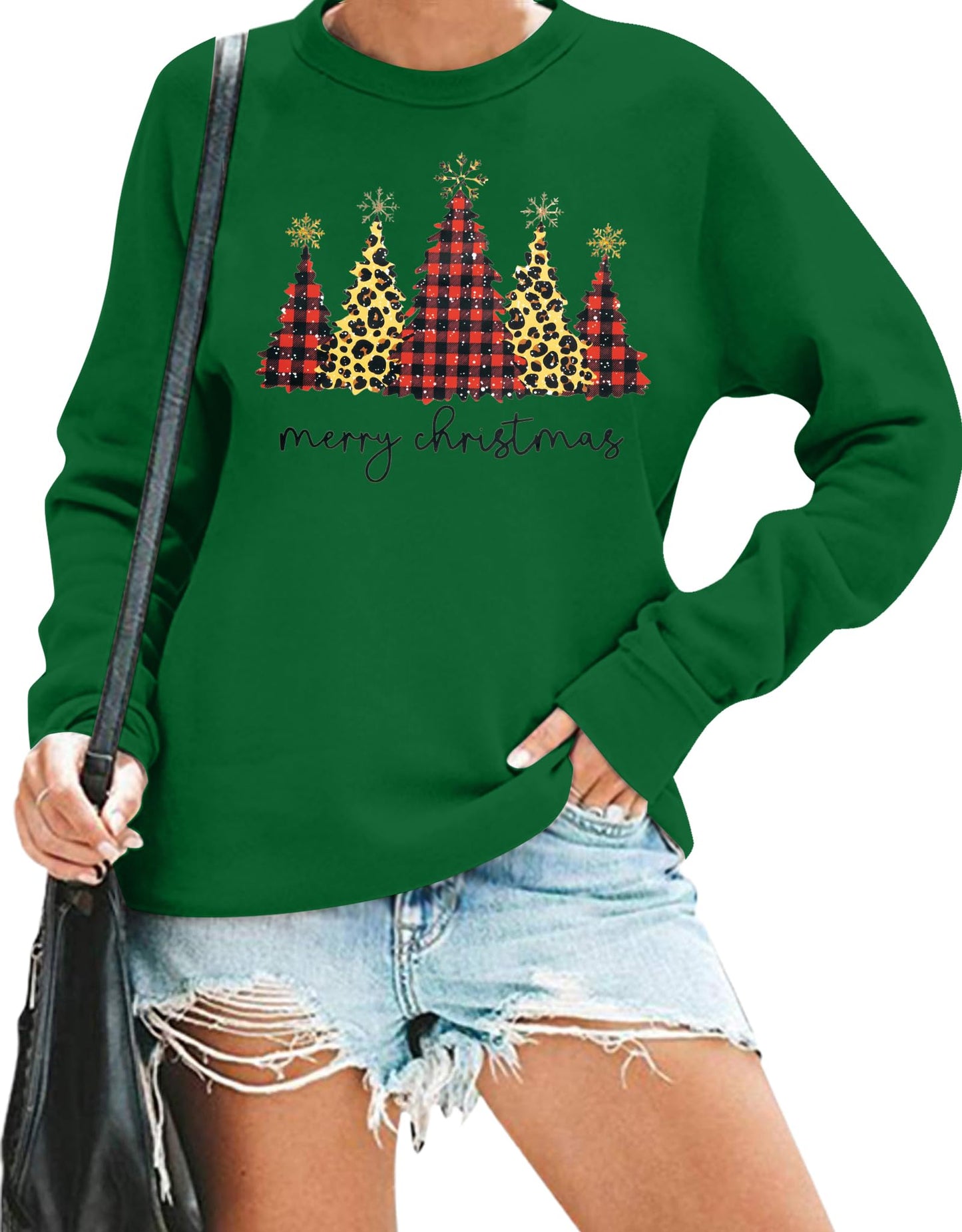 ASTANFY Merry Christmas Sweatshirt for Women Drop Shoulder Long Sleeve Christmas Tree Pullover Lightweight Shirt