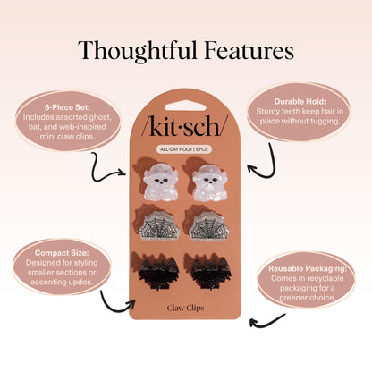 Kitsch Recycled Plastic Mini Claw Clips – Halloween Hair Clips with Ghost, Web & Bat Designs – Festive Hair Accessories & Hair Claw Styling – Small Hair Clips for Women - 6pc Set