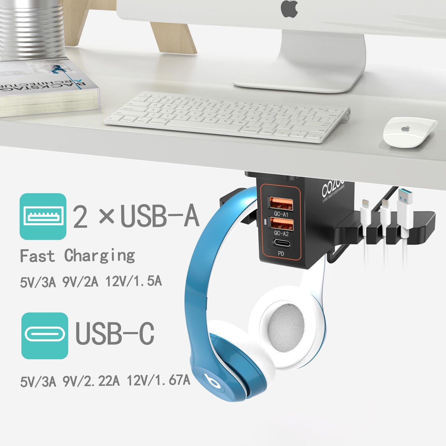 COZOO Headphone Stand with USB Charger Under Desk Headset Holder Mount with 3 Port USB Charging Station (20W PD & QC3.0) and iWatch Stand Smart Watch Charging Dock Dual Earphone Hanger Hook,UL Tested