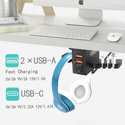 COZOO Headphone Stand with USB Charger Under Desk Headset Holder Mount with 3 Port USB Charging Station (20W PD & QC3.0) and iWatch Stand Smart Watch Charging Dock Dual Earphone Hanger Hook,UL Tested