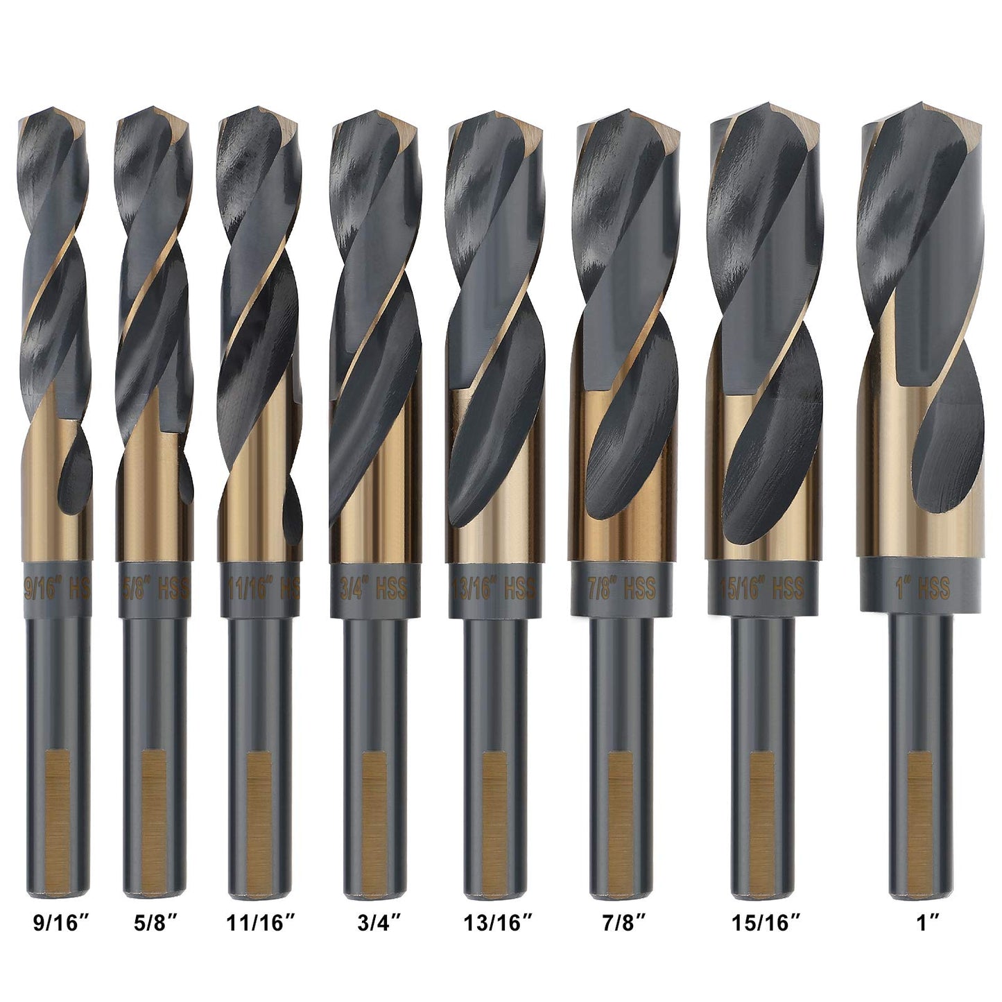COMOWARE Reduced Shank Drill Bit Set, 8 Sizes from 9/16" to 1", HSS M2, Black & Gold Drill Bit with 3-Flat 1/2" Shank, 135° Split Point, Drills Bits for Metal/Plastic/Wood, with Storage case