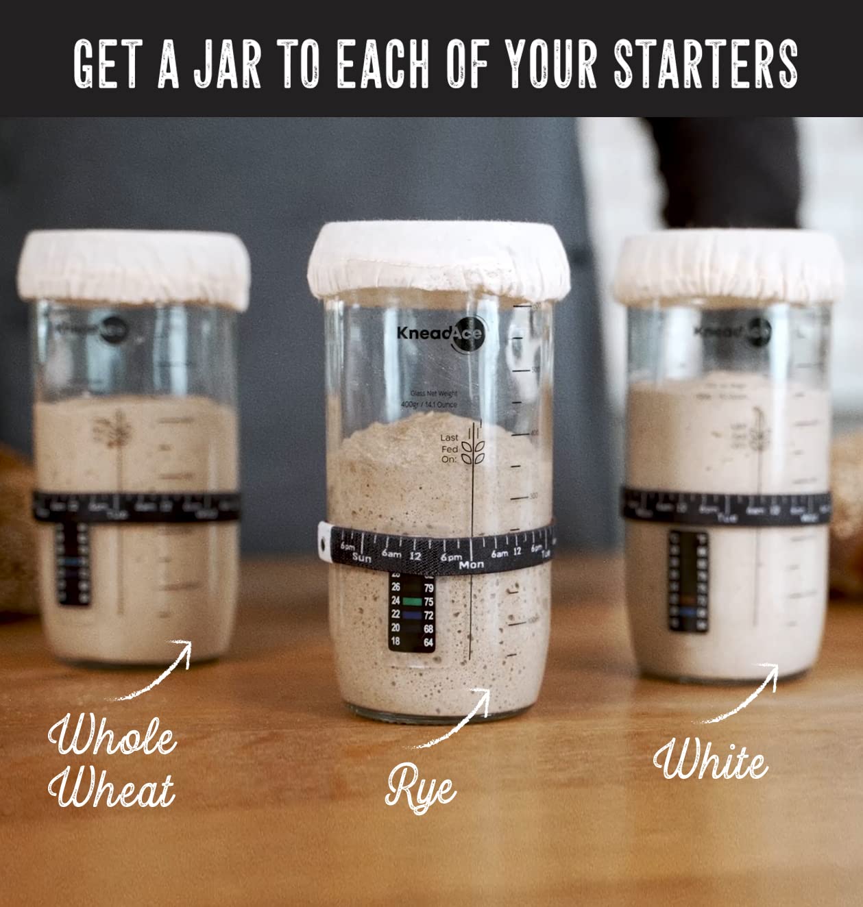 KneadAce Sourdough Starter Jar With Date Marked Feeding Band, Thermometer, Sourdough Jar Scraper, Sourdough Container Sewn Cloth Cover & Metal Lid, Sourdough Starter Kit