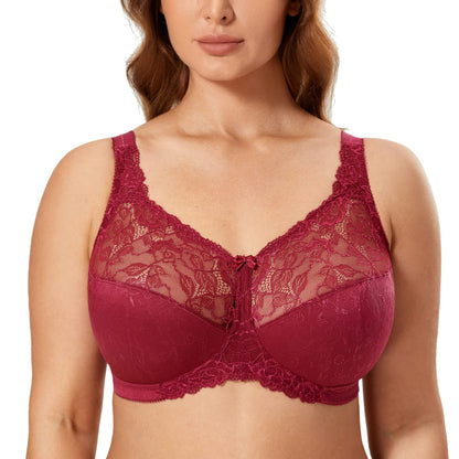 DELIMIRA Women's Lace Wireless Plus Size Bra Sexy Full Coverage Unlined Bralette Cranberry 36DD