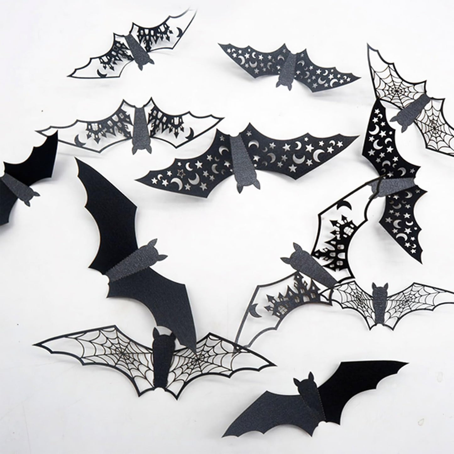 24Pcs Large Halloween Bats Decorations - 3D Self-Adhesive PVC Scary Wall Decor, Hollow Out Waterproof Black Stickers for Indoor Party Supplies, Door and Room Decals