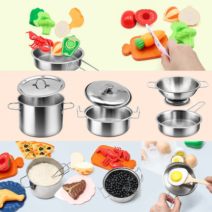 Kids Pretend Play Kitchen Accessories Set, 38Pcs Stainless Steel Play Pots Pans Sets for Kids, Toy Cookware Cooking Utensils Play Food Dish Toddler Kitchen Playset Gifts for Boys Girls