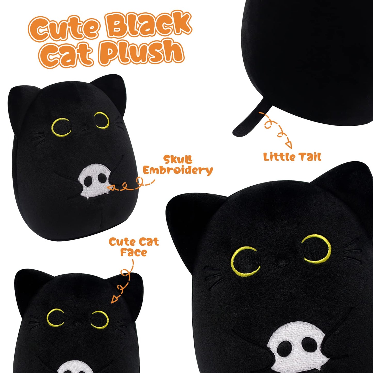 KOPHINYE Black Cat Plush, 6inch Halloween Stuffed Animal Skeleton Black Cat Plushie, Kawaii Kitten Stuffed Cat Doll Toy for Kids, Boys and Girls, Women