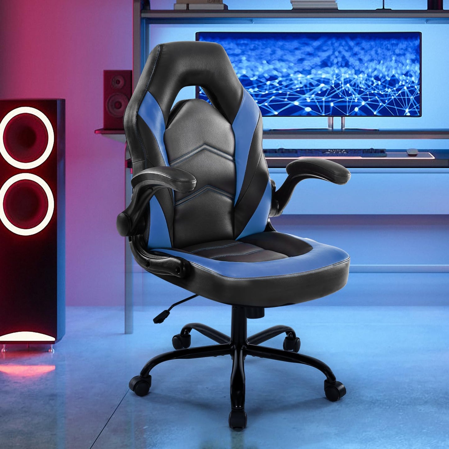 DUMOS Ergonomic Computer Gaming Chair - Home Office Desk with PU Leather Lumbar Support, Height Adjustable Big and Tall Video Game with Flip-up Armrest, Swivel Wheels for Adults and Teens
