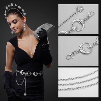 Glenmal 6 Pcs Halloween Crown Moon Star Headband Celestial Earrings Belt Jewelry for Wedding Moon Goddess Costume Accessories(Silver)