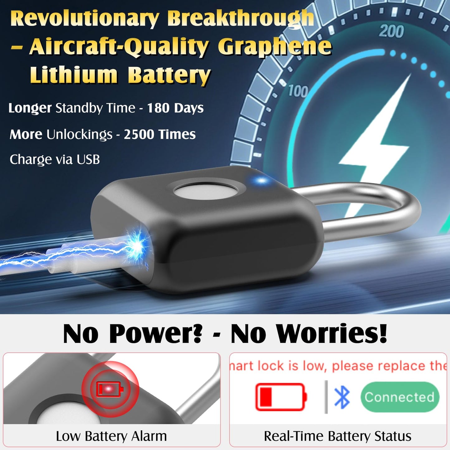 Fingerprint Padlock, Pothunder Smart Padlock, Locker Lock, Fingerprint Lock with APP Unlock, USB Rechargeable, Suitable for Gym Locker, Door(Black)