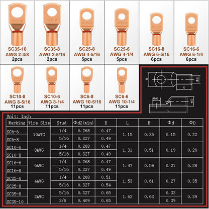 150pcs Battery Cable Ends, Copper Wire Lugs Assortment Kit AWG 2 4 6 8 10 Gauge - 70Pcs Battery Cable Lugs Ring Wire Terminal Connectors and 80Pcs Heat Shrink Tubing Kit for Marine Electrical Supplies