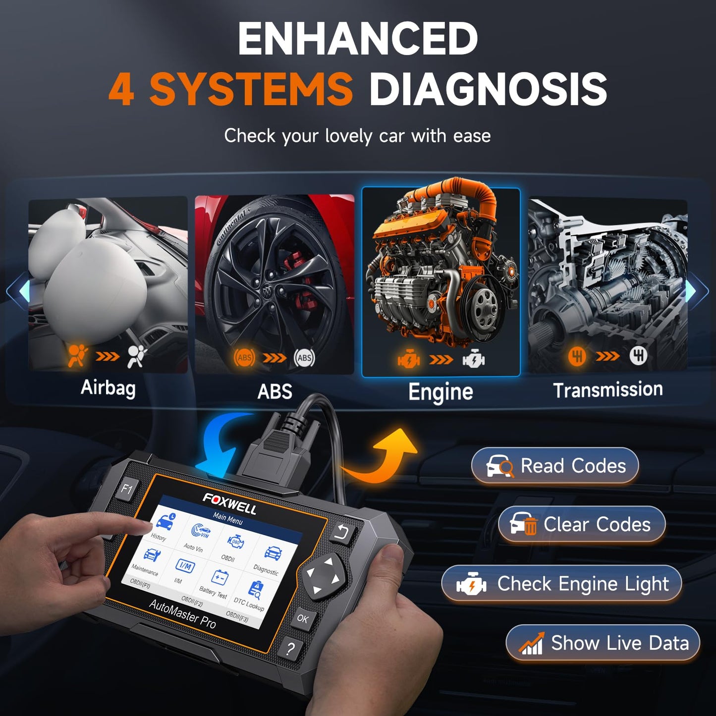 FOXWELL OBD2 Scanner NT614 Elite Engine Airbag Transmission ABS SRS Auto Scanner with 5 Reset Services WiFi Update Car Scanner ABS Bleeding/SAS/EPB/Throttle/Oil Upgrade of NT604 Code Reader Scan Tool