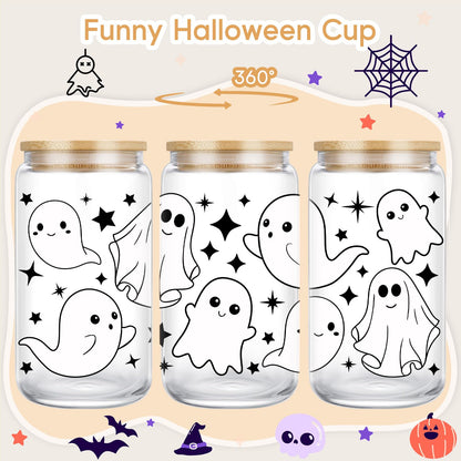 Coolife Ghost Halloween Cup, 16 oz Tumbler Glass Cups w/Lids Straws - Spooky Iced Coffee Mug for Smoothie, Cute Halloween Gifts for Women, Girls - Boo Basket Stuffers, Spooky Gifts for Teens, Her
