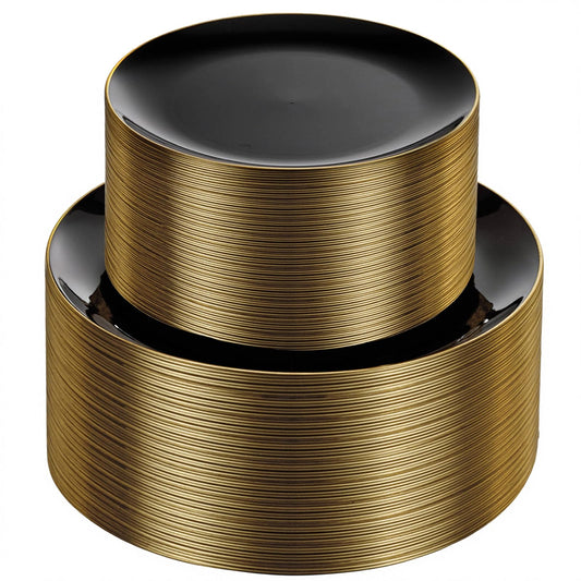 KIRE 100PCS Black and Gold Plates - Black Plastic Plates Disposable with Gold Rim for Halloween Party/Wedding/Birthday Include 50Pcs 10.25inch for Dinner and 50Pcs 7.5inch for Dessert/Salad