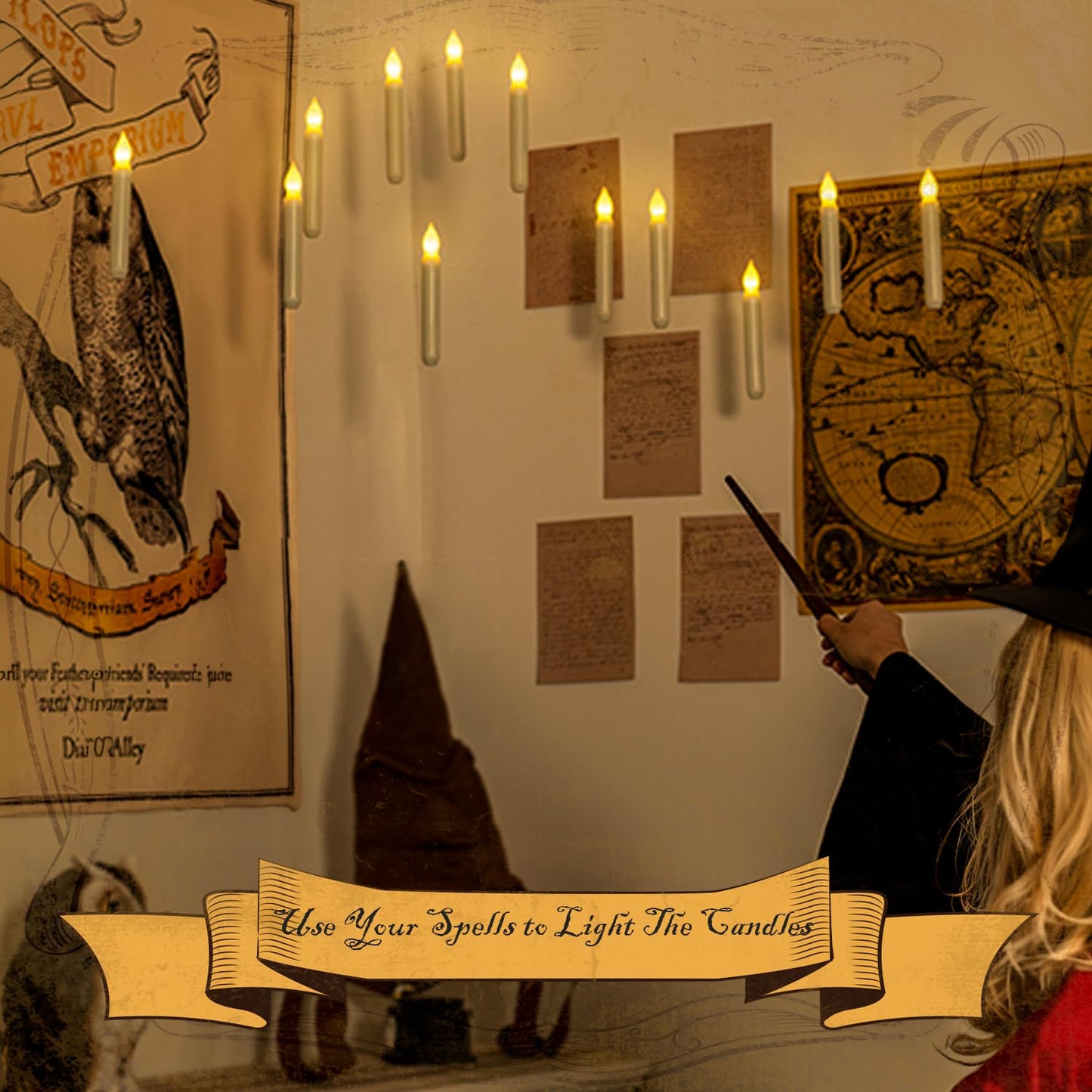 Homemory Hanging Floating Candles with Wand Remote and String, 12 Pcs Flying Flameless LED Taper Candles Warm White Light, Battery Operated Window Candles with Wand for Halloween Christmas Party