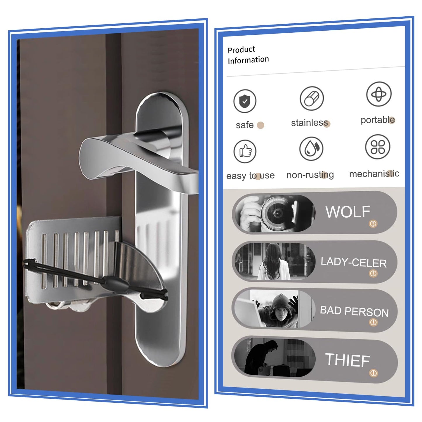 Fine jade2 Portable Door Lock Stainless Steel Travel Lock Door Lock Without Drilling Door Lock Without Drill for School Home Hotel Women Travel