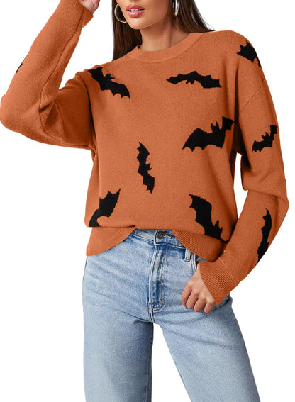 Dokotoo Womens Halloween Sweaters Crewneck Long Sleeve Bat Pattern Loose Fit Pullover Sweaters Cute Spooky Warm Cozy Autumn Winter Sweater Tops Casual Holiday Fall Clothes Orange M