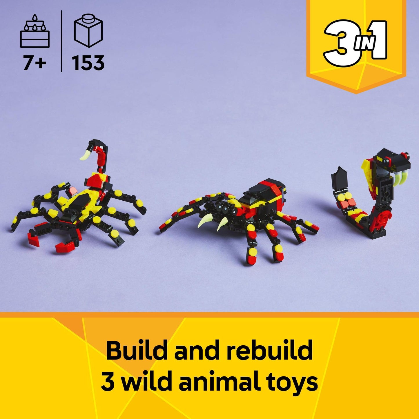 LEGO Creator 3 in 1 Wild Animals Surprising Spider Toy - Building Toy with 3 Build Options, Spider, Scorpion, or Snake - Animal Figures for Kids, Boys & Girls, Ages 7+ - Gift Idea for Birthday - 31159