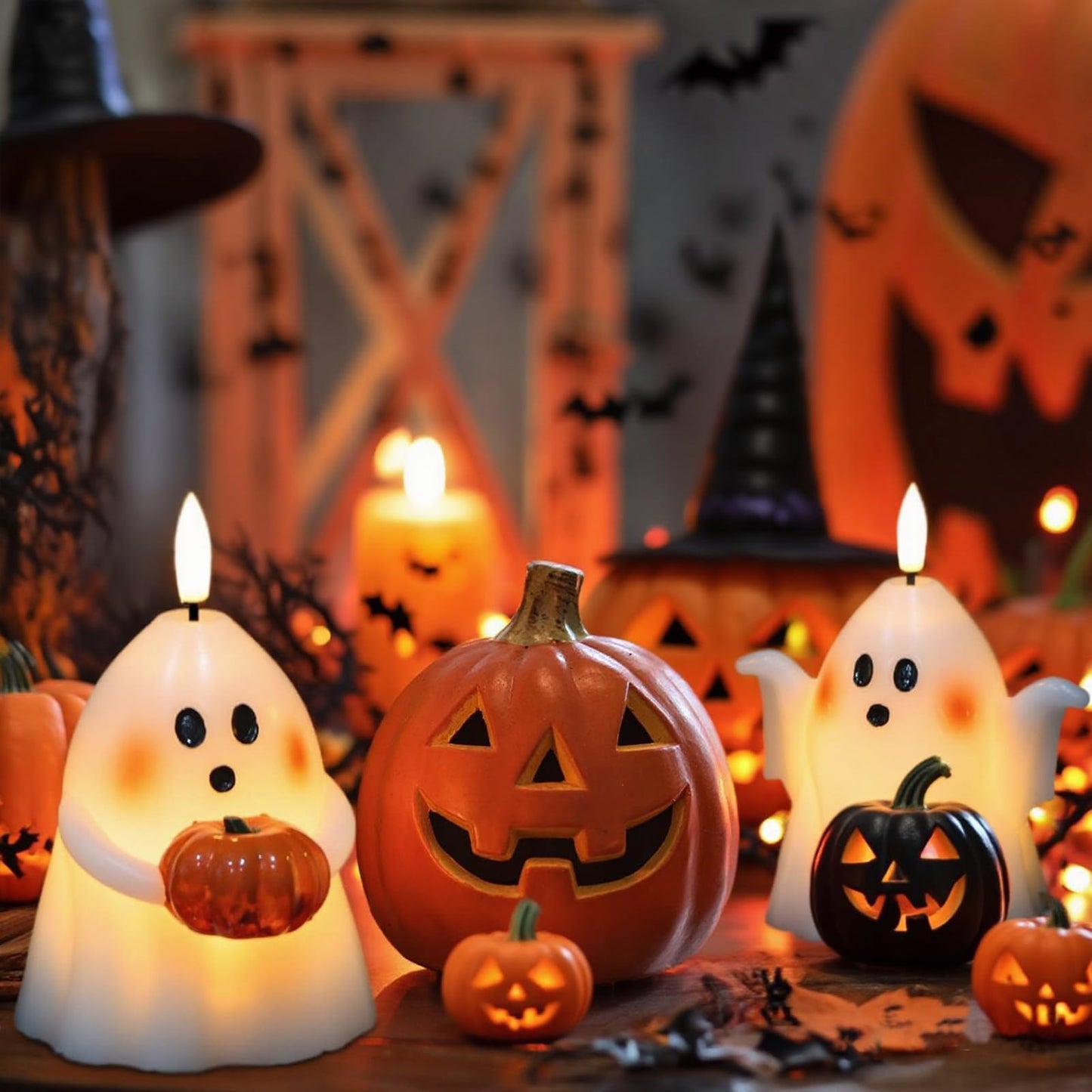 Eldnacele Halloween Ghost Flickering Flameless Candles with 6 Hour Timer, Battery Operated Tea Lights White Spooky Ghost Lights Wax Candles Indoor Fireplace Holiday Decorations Gifts(2Pcs, D3.5×H5)