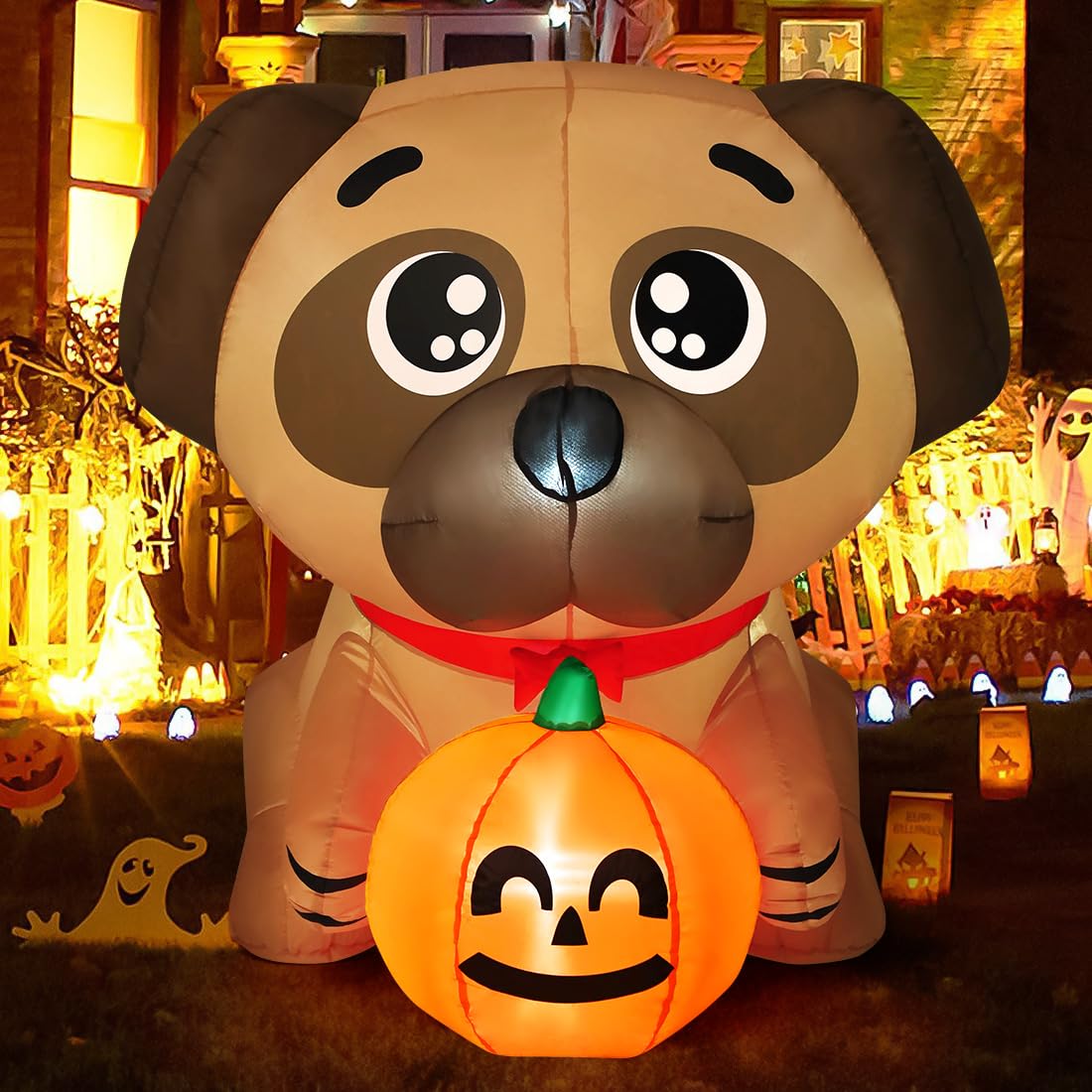 COMIN 5 FT Halloween Inflatables Dog Outdoor Yard Decorations Blow Up Pug Holding Pumpkin with Built-in LEDs for Indoor Party Garden Lawn Decor