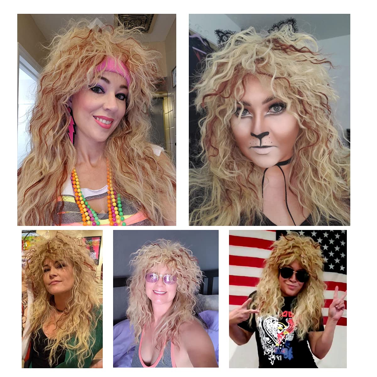 FantaLook Women Long Curly 80s Blonde with Reddish Brown Cosplay Wig
