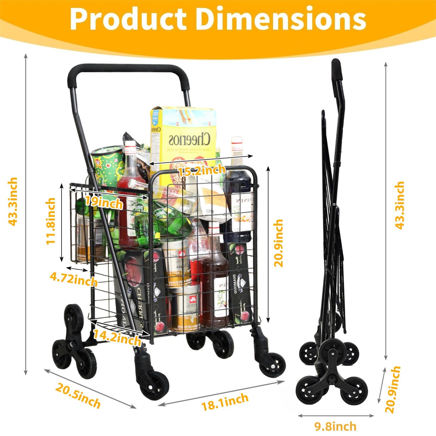 Kiffler Grocery Shopping Cart with 360° Rolling Swivel Wheels Stair Climber Utility Cart Easily Collapsible Cart with Tri-Wheels, 66lb Extended Foam Cover, Trolley for Stair, Laundry, Travel (Black)