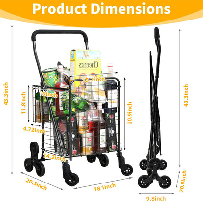 Kiffler Grocery Shopping Cart with 360° Rolling Swivel Wheels Stair Climber Utility Cart Easily Collapsible Cart with Tri-Wheels, 66lb Extended Foam Cover, Trolley for Stair, Laundry, Travel (Black)