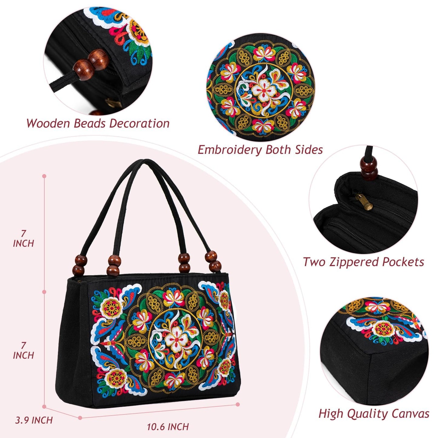 Jursccu Double-Sided Embroidery Totes Bag Travel Beach Bag Vintage Embroidery Ethnic Shoulder Bags