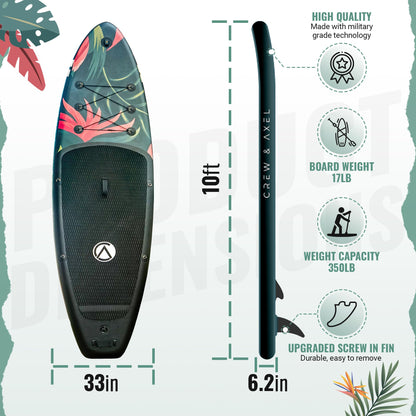 Crew Axel Inflatable Paddle Board 10’33’6” Extra Wide & Lightweight (18lb) Paddle Board – Premium SUP Set Includes 2 Bags, Floating Paddle, Camera Mount, 3 Fins, Dual Pump Kit (Floral 911)