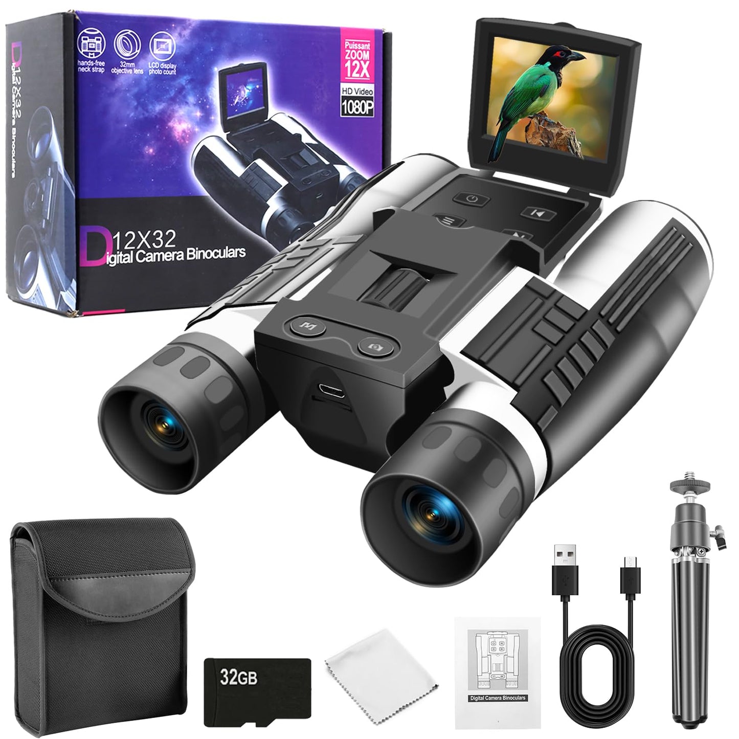 12x32 Binoculars for Adults, Digital Binoculars with Camera 5MP Photo Full HD Video 2" LCD Display Screen with 32GB Micro SD Card for Bird Watching Hunting Football Concerts Theatre (Silver)