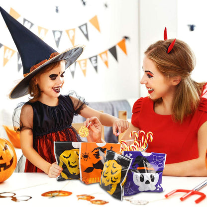 DIYASY 72 Pcs Halloween Drawstring Treat Bags, Small Plastic Candy Bags with Handle Trick or Treat Halloween Party Favors Supplies