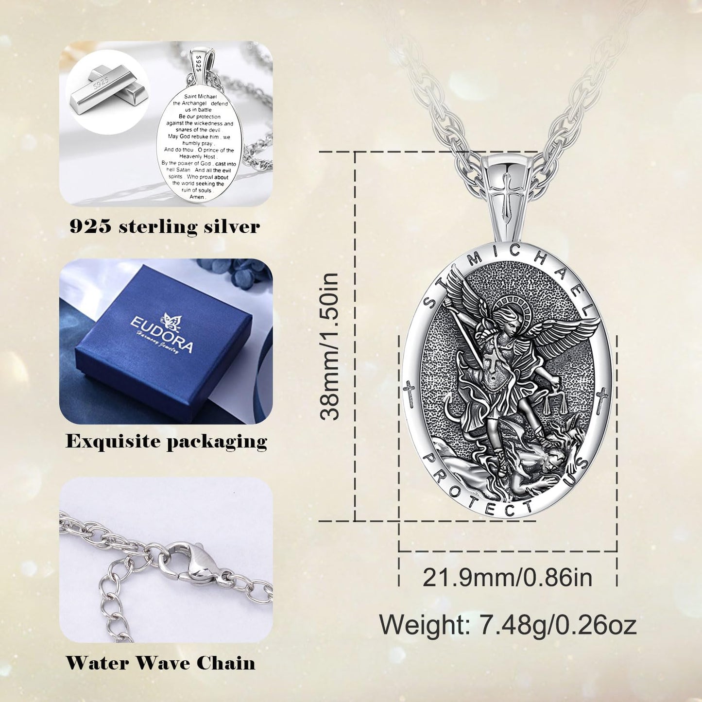EUDORA St Saint Michael Necklace Medal for Women Men S925 Sterling Silver, Archangel St Michael Pendant for Protection Medalla de San Miguel Arcangel Christian Jewelry Gifts for Mens Women, 22"+2"