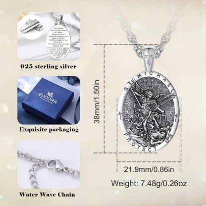 EUDORA St Saint Michael Necklace Medal for Women Men S925 Sterling Silver, Archangel St Michael Pendant for Protection Medalla de San Miguel Arcangel Christian Jewelry Gifts for Mens Women, 22"+2"