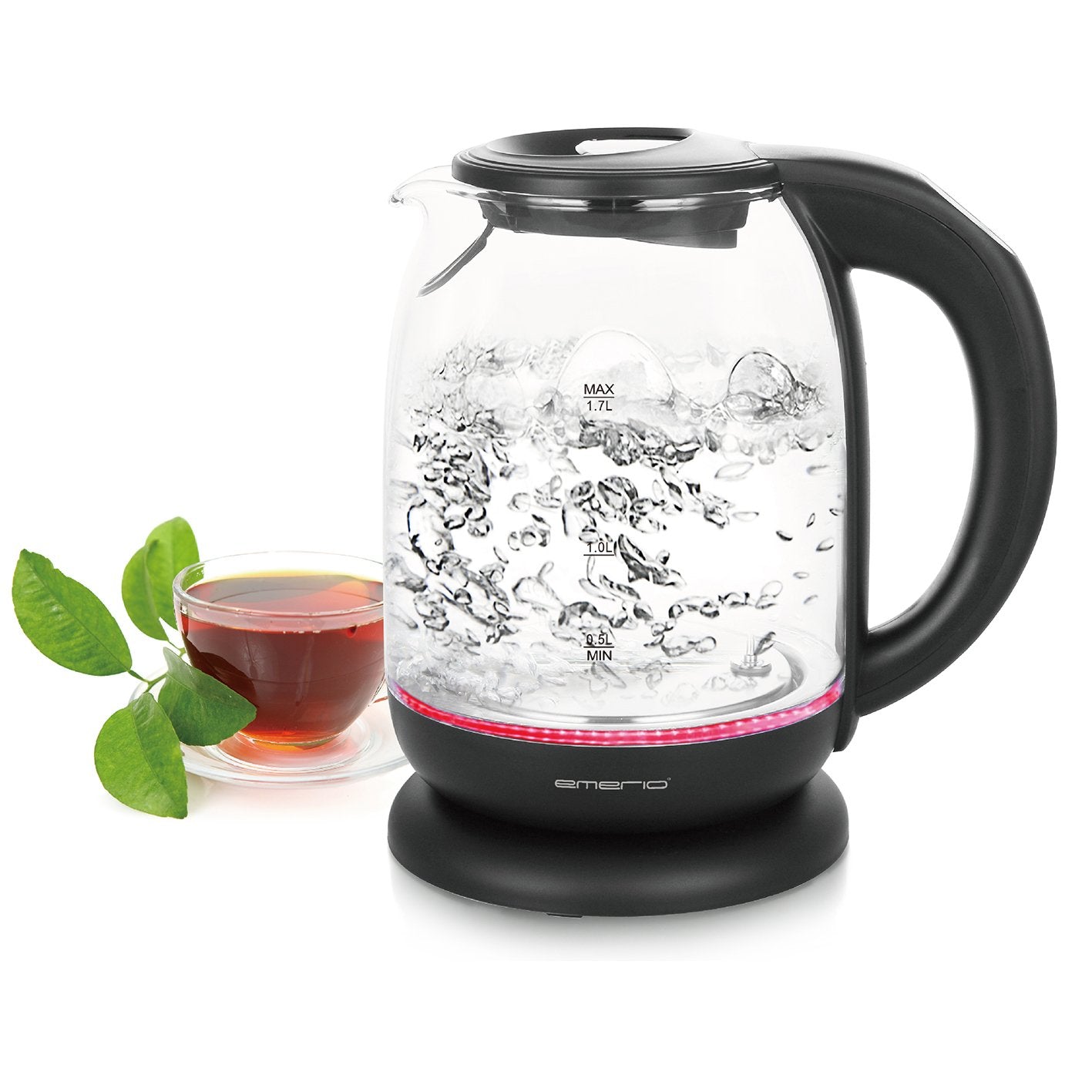 Emerio WK-119255 Electric Kettle Glass, 2200 W, 1.7 liters, Stainless Steel, Transparent Black [Energy Efficiency Class A+]