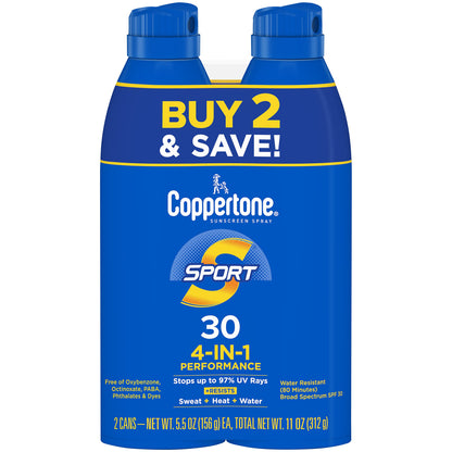 Coppertone Sport Sunscreen Spray SPF 30, Water Resistant Spray Sunscreen Pack, 5.5 Oz, Pack of 2 (Packaging May Vary)
