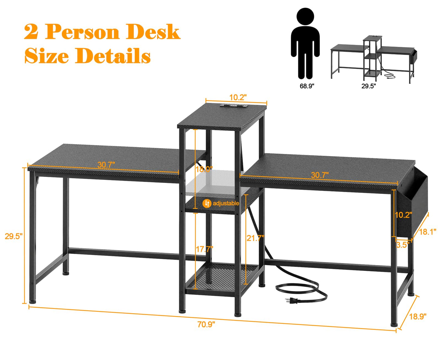 Furologee Double Desk with Power Outlets, 71 Inch Computer Desk with Storage Bag and Headphone Hooks, Gaming Desk Study Writing Table for Home Office, Black
