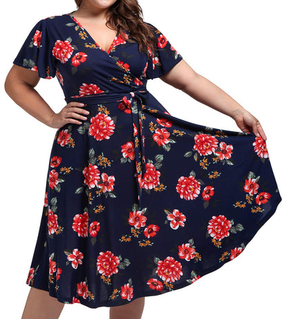 kissmay Plus Size Cocktail Dresses, Plus Size Fit and Flare Dresses for Women Slim Fitting Elasticity Clothing Ruched Flows Sweet Dress for Casual Short-Sleeve 1950s Lavender Dress Navy Red 20W