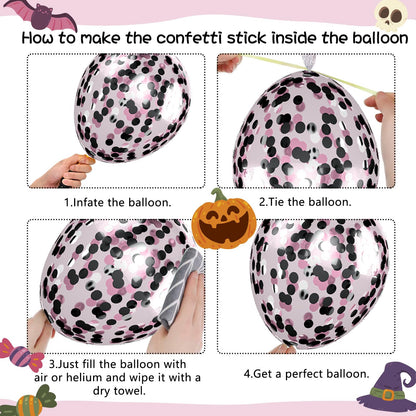FunHot Halloween Party Balloons, 60Pcs Pink Black Halloween Balloon, 12 Inch Black Pink Confetti Balloons Bat Ghost BOO Printed Pattern Balloon with Ribbons for Kids Birthday Halloweens Decoration