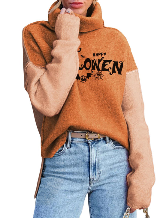 Dokotoo Womens Fall Sweaters 2024 Casual Long Sleeve Turtleneck Color Block Halloween Sweater Plus Size Sweaters for Women Loose Warm Pullover Jumper Side Slit Top Teacher Outfits Medium Orange