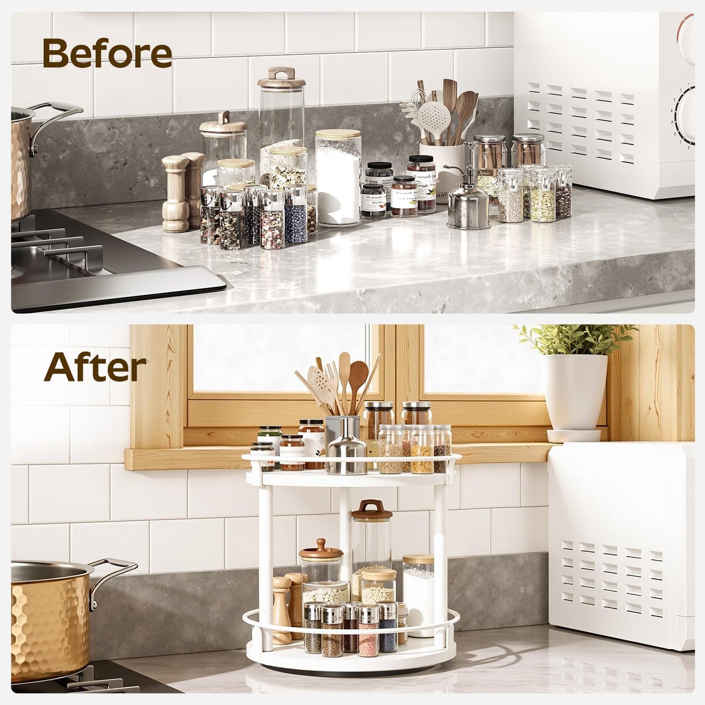 3-Tier Lazy Susan Organizer, Rotating Spice Rack, Spinning Organizer, Industrial Turntable Spice Rack Organizer for Cabinet, Kitchen Countertop, Pantry, Rustic Brown and Black SR23BR