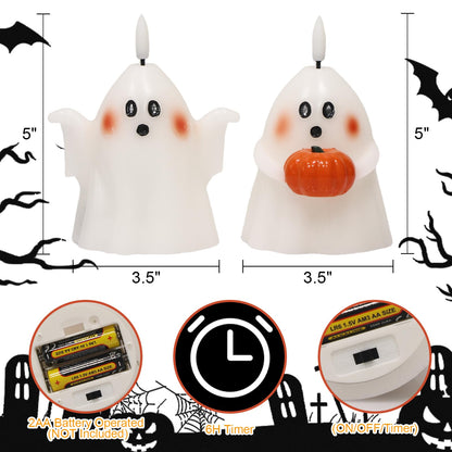 Eldnacele Halloween Ghost Flickering Flameless Candles with 6 Hour Timer, Battery Operated Tea Lights White Spooky Ghost Lights Wax Candles Indoor Fireplace Holiday Decorations Gifts(2Pcs, D3.5×H5)