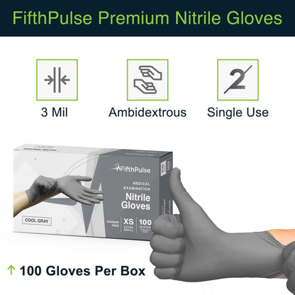 FifthPulse Cool Gray Nitrile Disposable Gloves X Small, 100 Count - Latex Free food Safe Cleaning and Cooking Gloves X Small, Surgical Grade Medical Exam Gloves